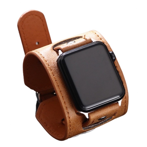 Caramel Brown Double Cuff Leather Watchband for Apple iWatch - Picture 3 of 15